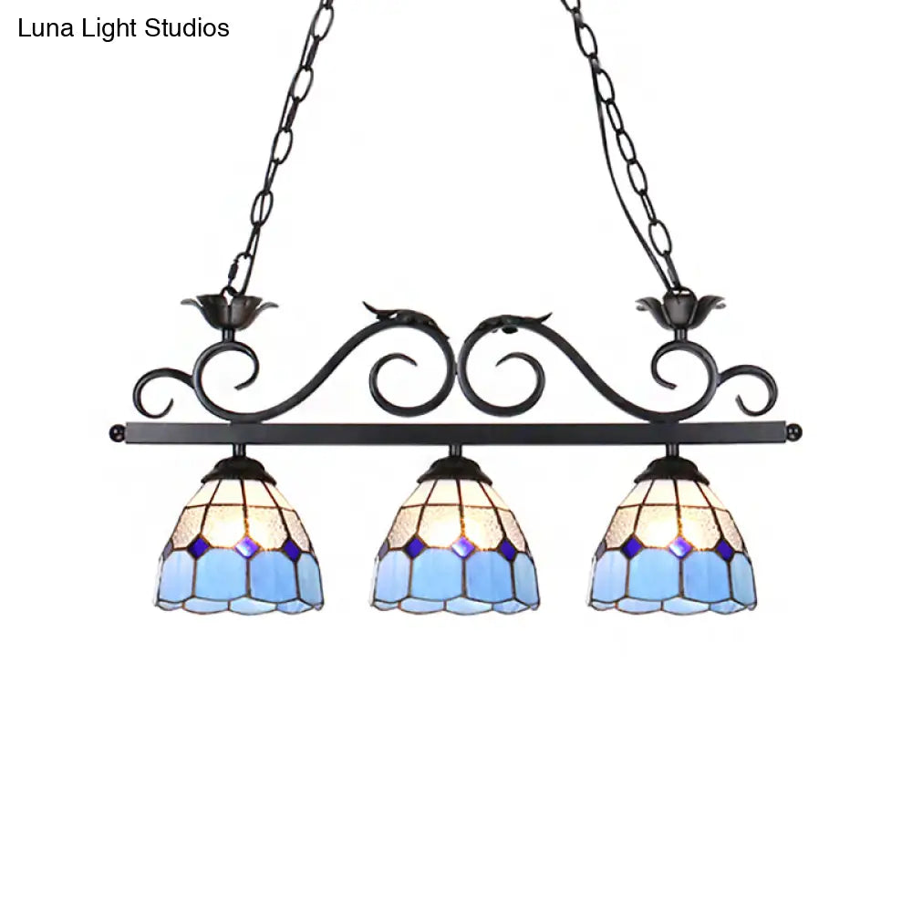 DecorBites™ Stylish Tiffany Pendant Light Fixture - Stainless Glass Blue Island Lighting with Grid Dome Shade, 3 Heads - Curved/Bird Design