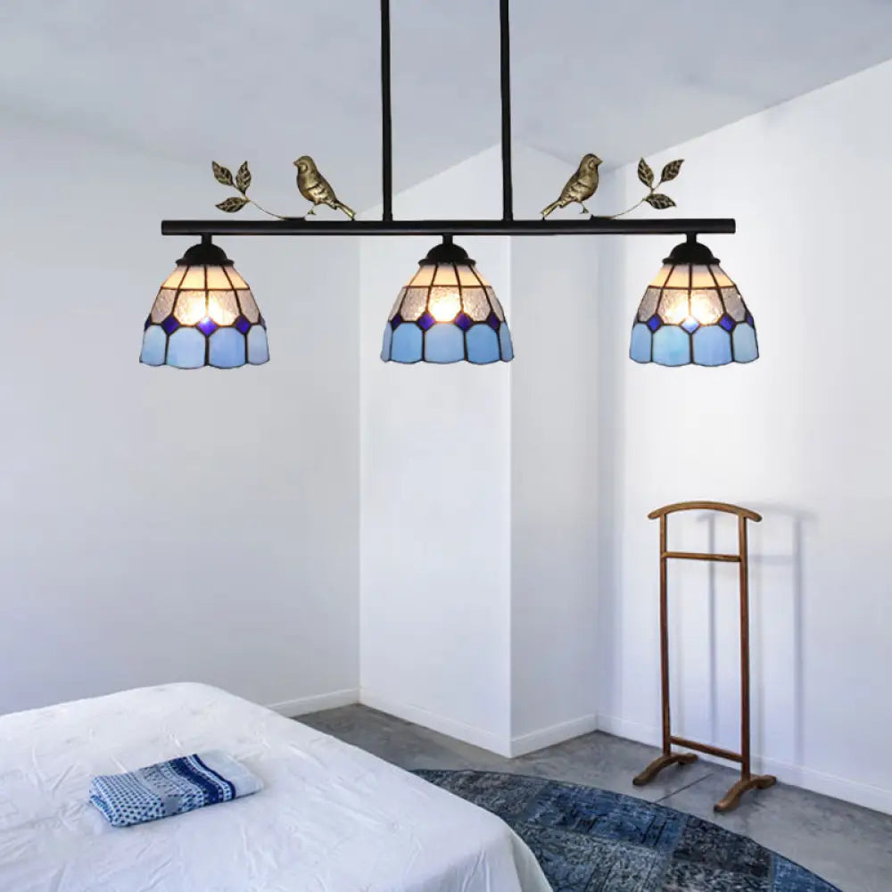 DecorBites™ Stylish Tiffany Pendant Light Fixture - Stainless Glass Blue Island Lighting with Grid Dome Shade, 3 Heads - Curved/Bird Design