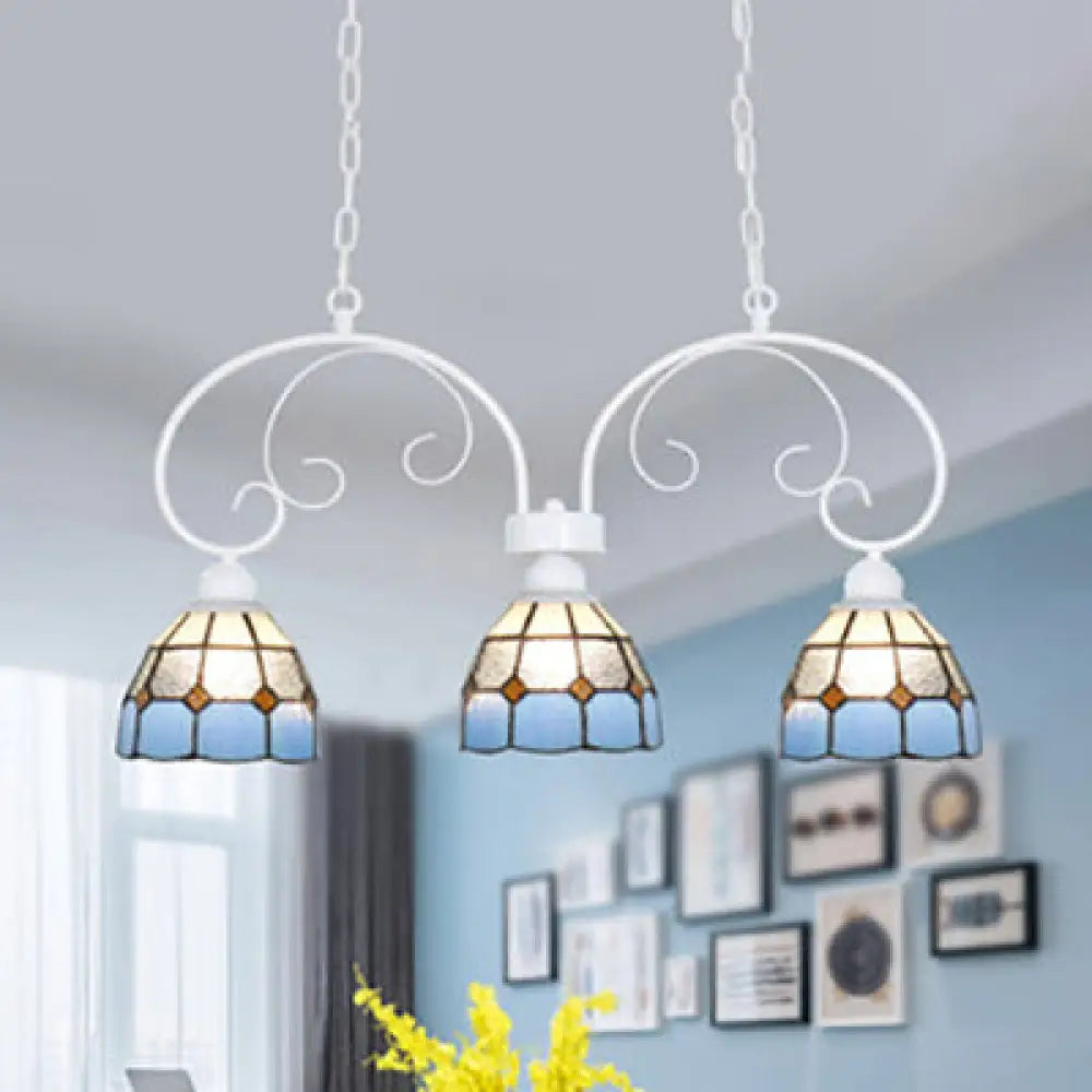 DecorBites™ Tiffany Dome Shade Island Pendant Light with Stainless Glass - 3 Lights - Pink/White - Stylish Fixture for Dining Room