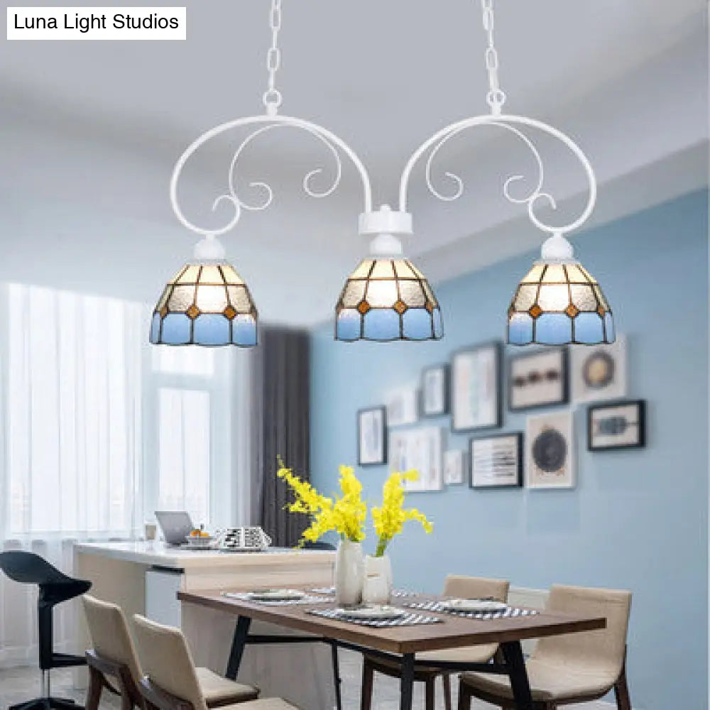 DecorBites™ Tiffany Dome Shade Island Pendant Light with Stainless Glass - 3 Lights - Pink/White - Stylish Fixture for Dining Room
