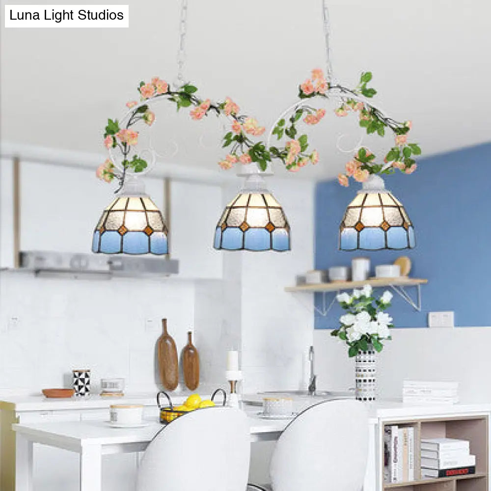 DecorBites™ Tiffany Dome Shade Island Pendant Light with Stainless Glass - 3 Lights - Pink/White - Stylish Fixture for Dining Room