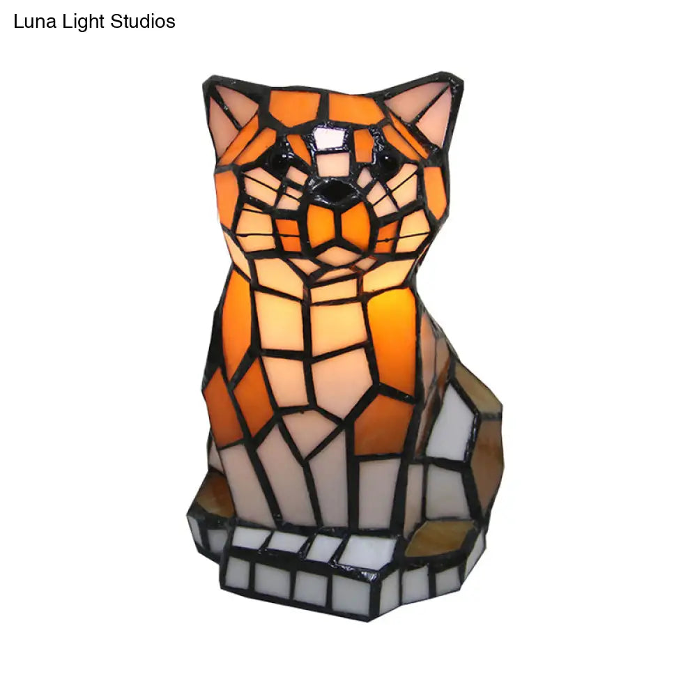 DecorBites™ Tiffany Stained Glass Brown Cat Shade Accent Lamp – Colorful Bedside Table Lamp with 1 Light