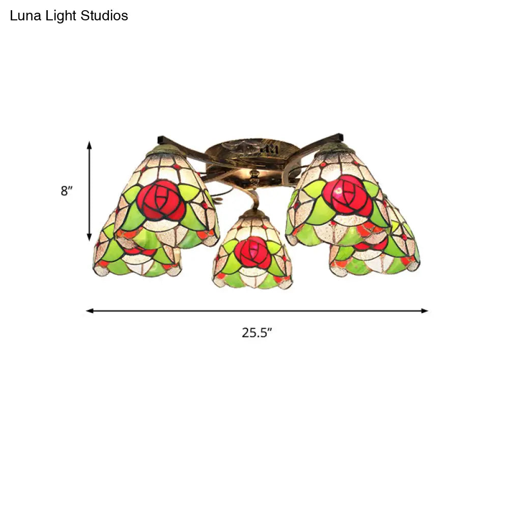 DecorBites™ Tiffany Stained Glass Ceiling Light with 5 Scalloped Heads in Antique Bronze - Perfect for Bedroom