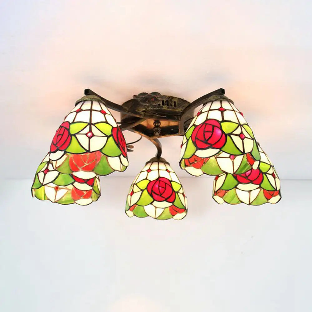 DecorBites™ Tiffany Stained Glass Ceiling Light with 5 Scalloped Heads in Antique Bronze - Perfect for Bedroom