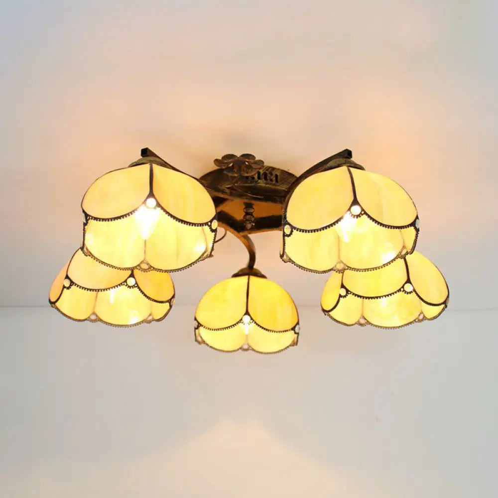 DecorBites™ Tiffany Stained Glass Ceiling Light with 5 Scalloped Heads in Antique Bronze - Perfect for Bedroom
