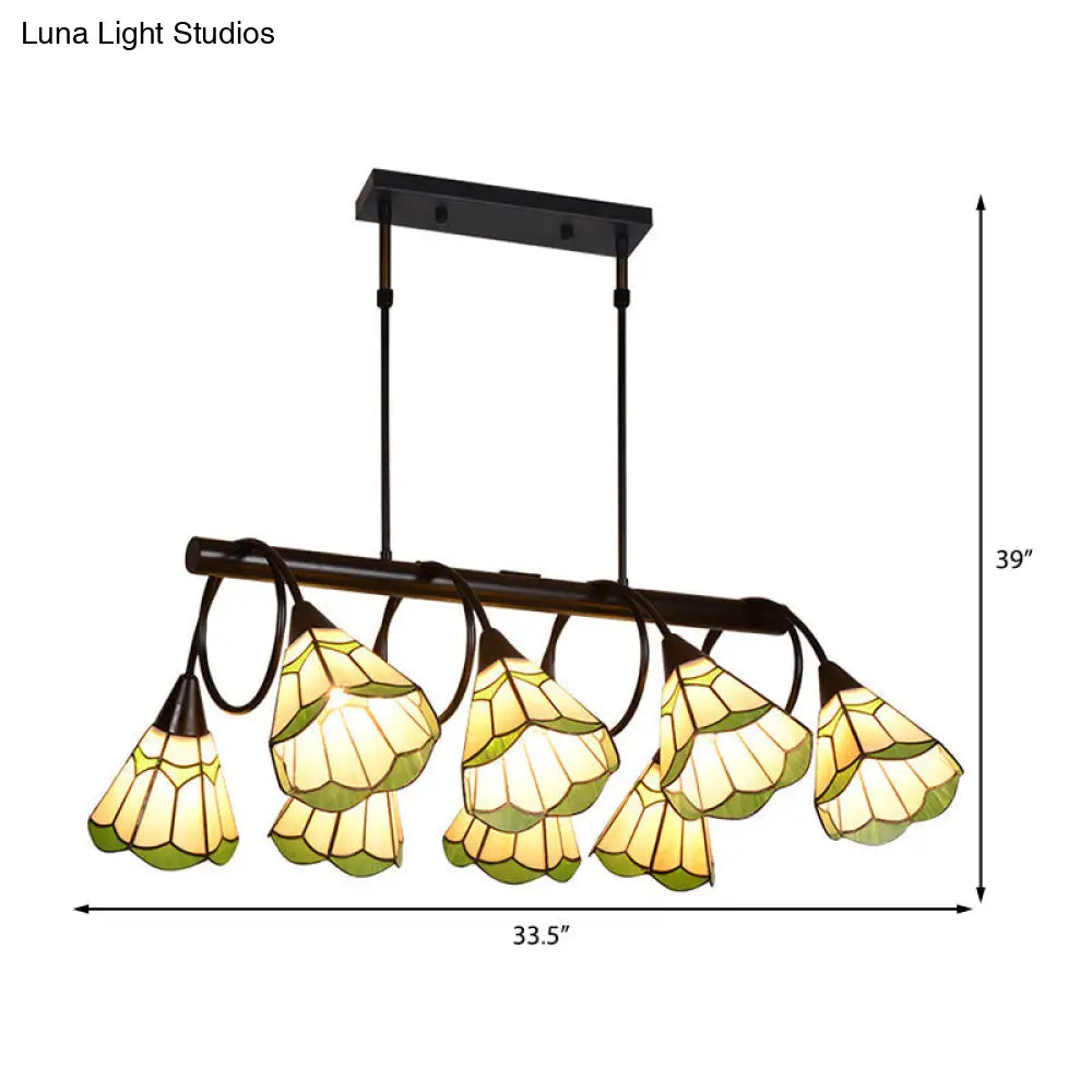 DecorBites™ Tiffany Style Beige Conical Island Lighting Fixture - 8-Light Stainless Glass Hanging Lamp for Dining Room