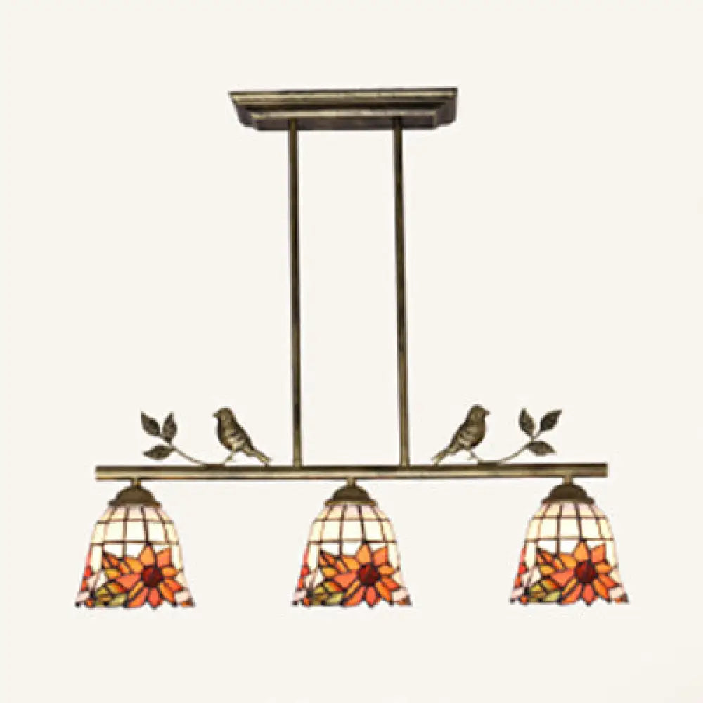 DecorBites™ Tiffany Style Black/Antique Brass Stainless Glass Pendant Light - 3 Lights Bell Island Chandelier with Sunflower Pattern