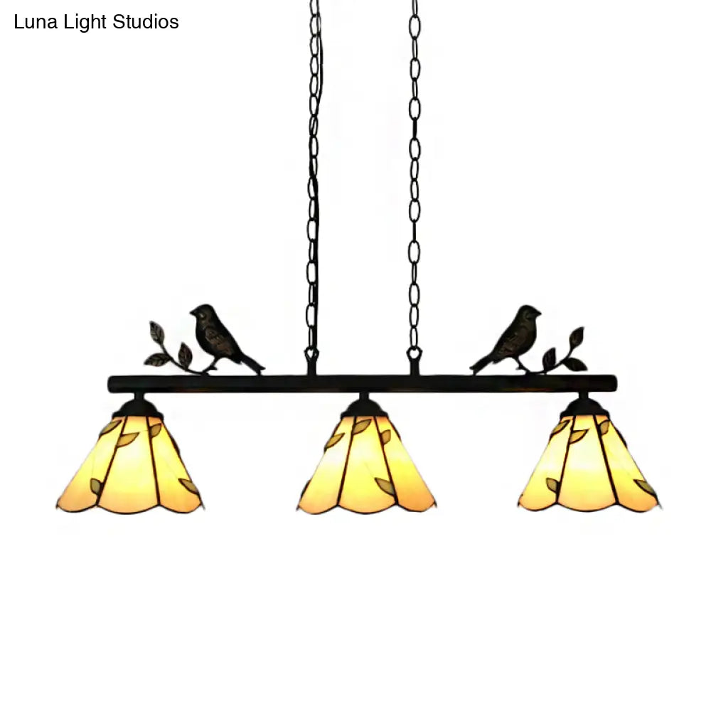 DecorBites™ Tiffany Style Cone Stainless Glass Island Lighting: Stylish 3-Light Beige Chandelier with Bird Accent