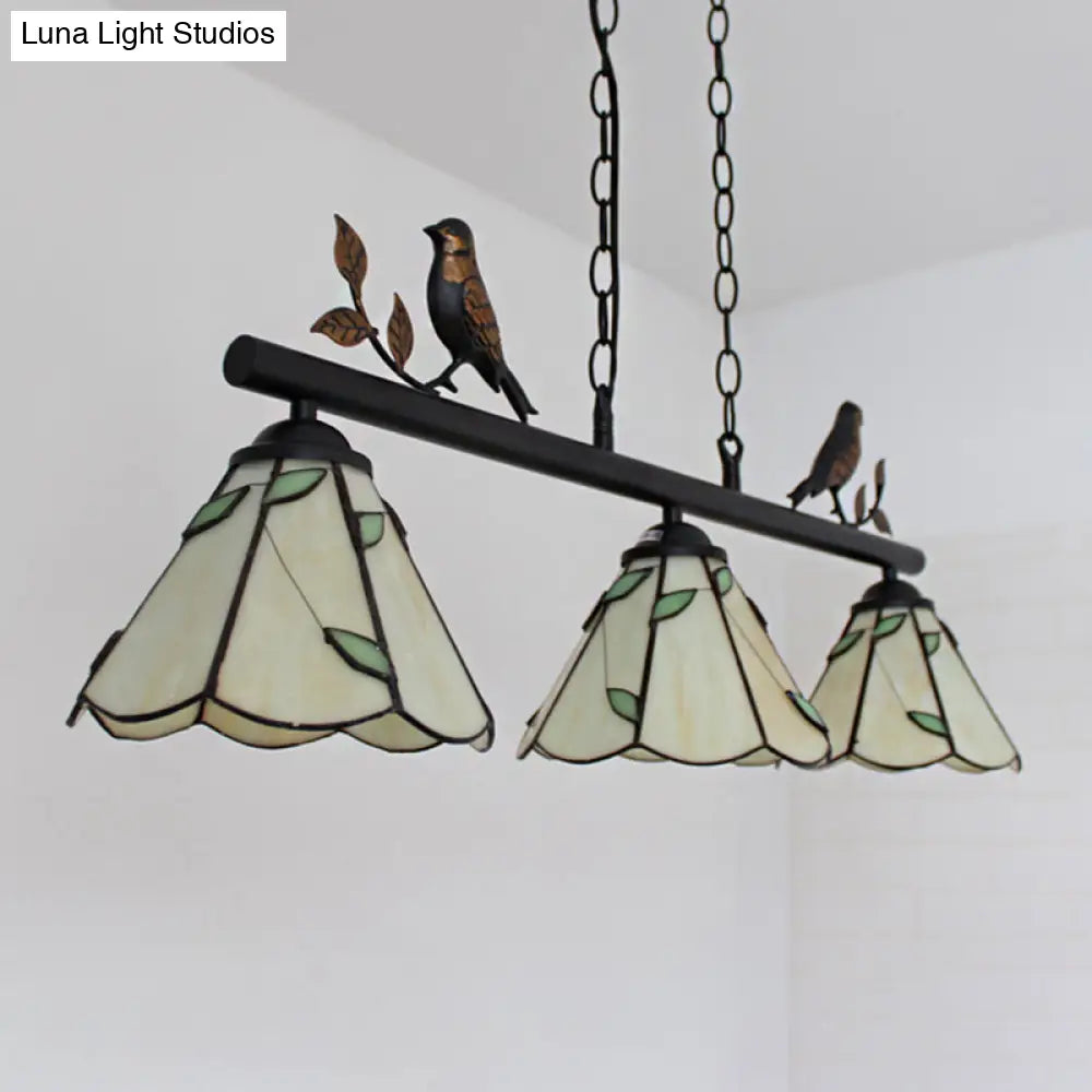 DecorBites™ Tiffany Style Cone Stainless Glass Island Lighting: Stylish 3-Light Beige Chandelier with Bird Accent