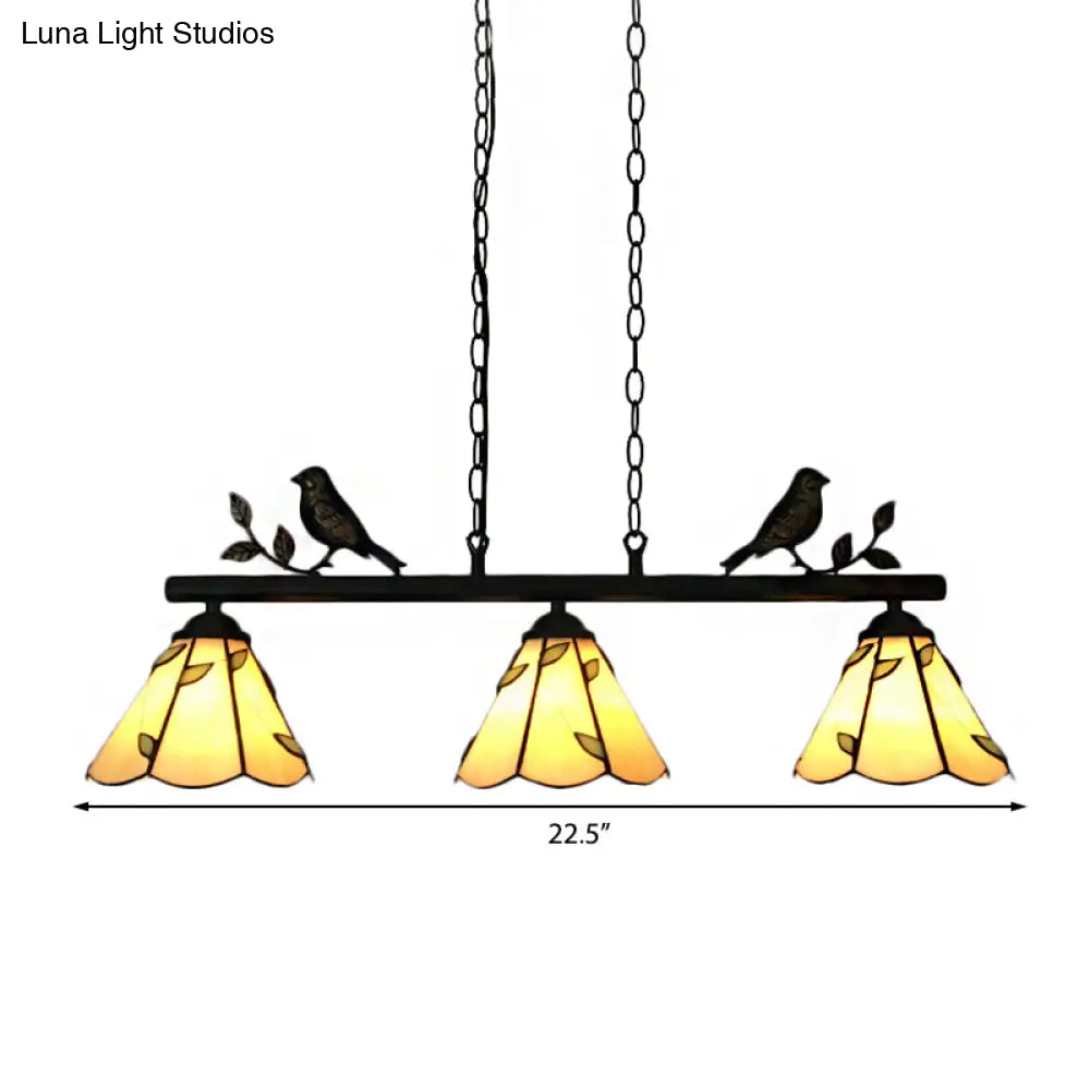 DecorBites™ Tiffany Style Cone Stainless Glass Island Lighting: Stylish 3-Light Beige Chandelier with Bird Accent