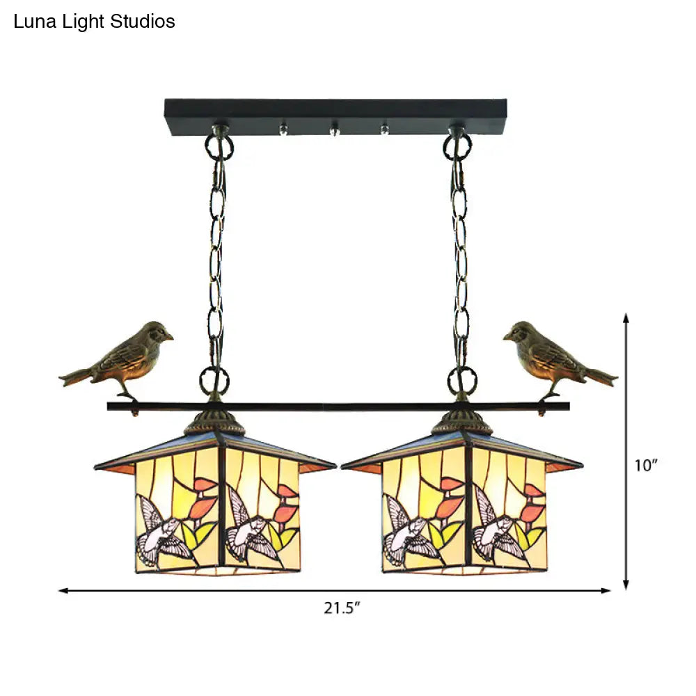 DecorBites™ Tiffany Style House-Shaped Island Light with Two Stainless Steel Heads and Art Glass in Stylish Beige