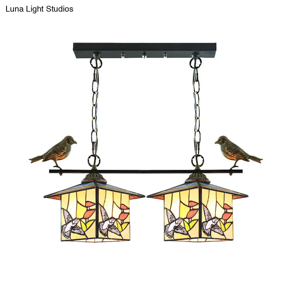 DecorBites™ Tiffany Style House-Shaped Island Light with Two Stainless Steel Heads and Art Glass in Stylish Beige