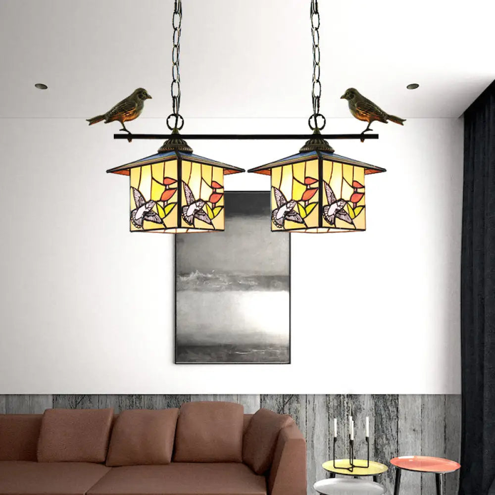 DecorBites™ Tiffany Style House-Shaped Island Light with Two Stainless Steel Heads and Art Glass in Stylish Beige