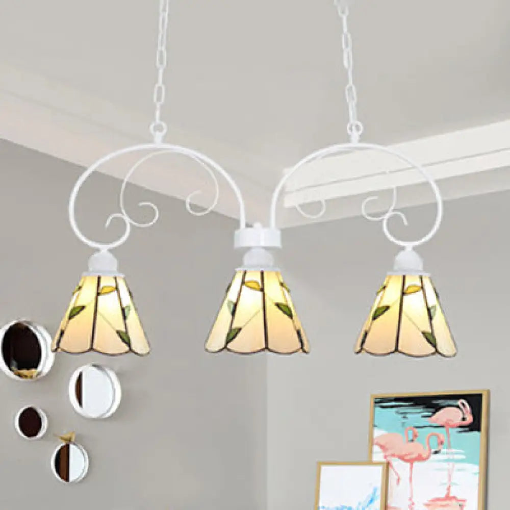 DecorBites™ Tiffany Style Island Pendant Light Kit with Stainless Glass Cone Shades - Pink/White, 3 Heads, Leaf Pattern