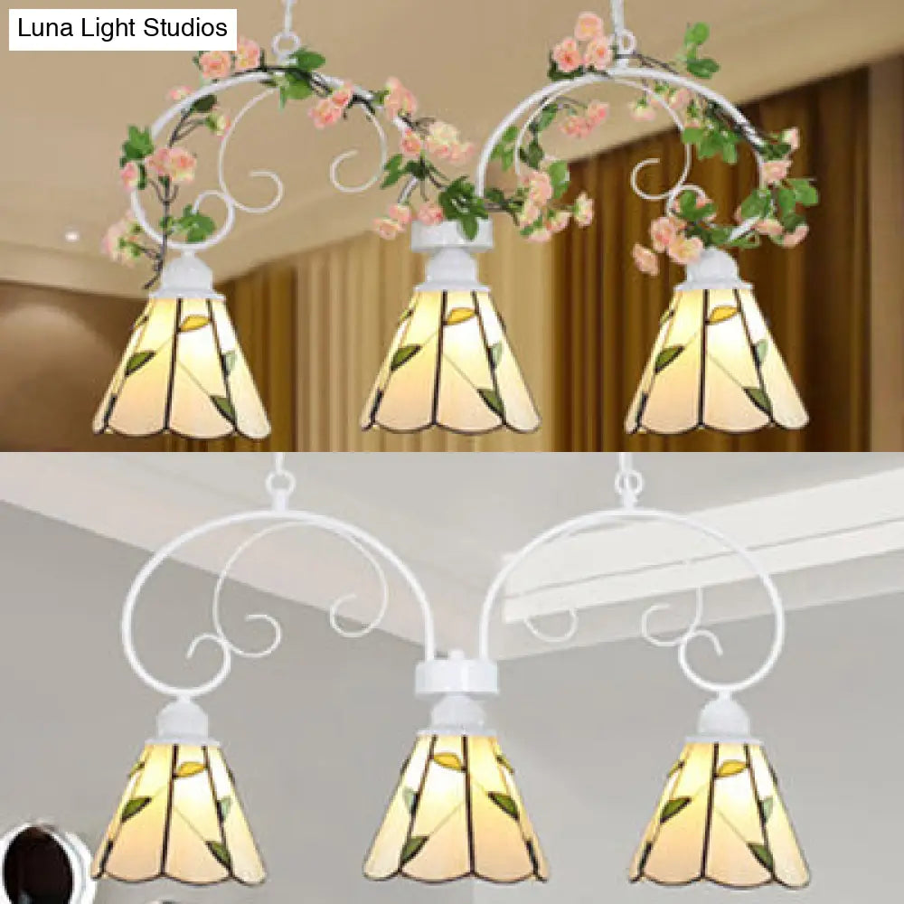 DecorBites™ Tiffany Style Island Pendant Light Kit with Stainless Glass Cone Shades - Pink/White, 3 Heads, Leaf Pattern