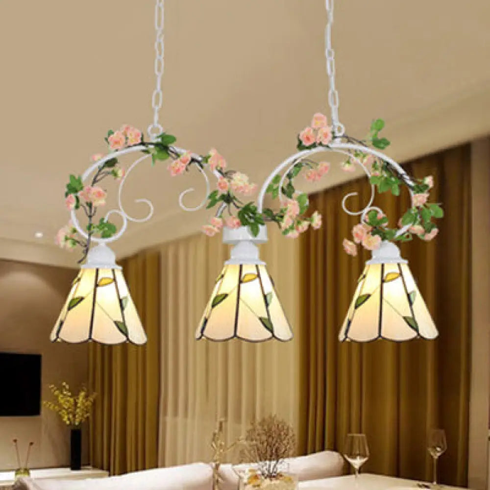 DecorBites™ Tiffany Style Island Pendant Light Kit with Stainless Glass Cone Shades - Pink/White, 3 Heads, Leaf Pattern