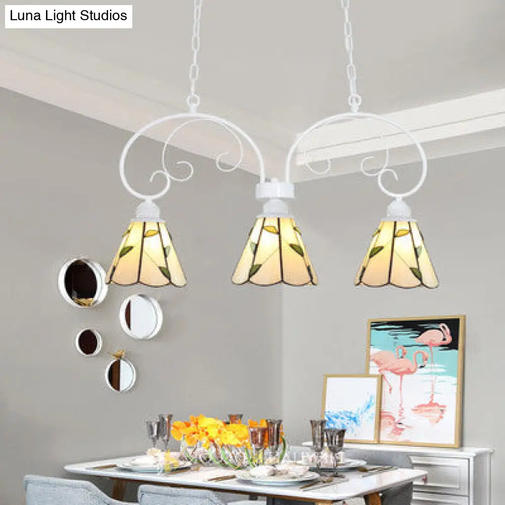 DecorBites™ Tiffany Style Island Pendant Light Kit with Stainless Glass Cone Shades - Pink/White, 3 Heads, Leaf Pattern