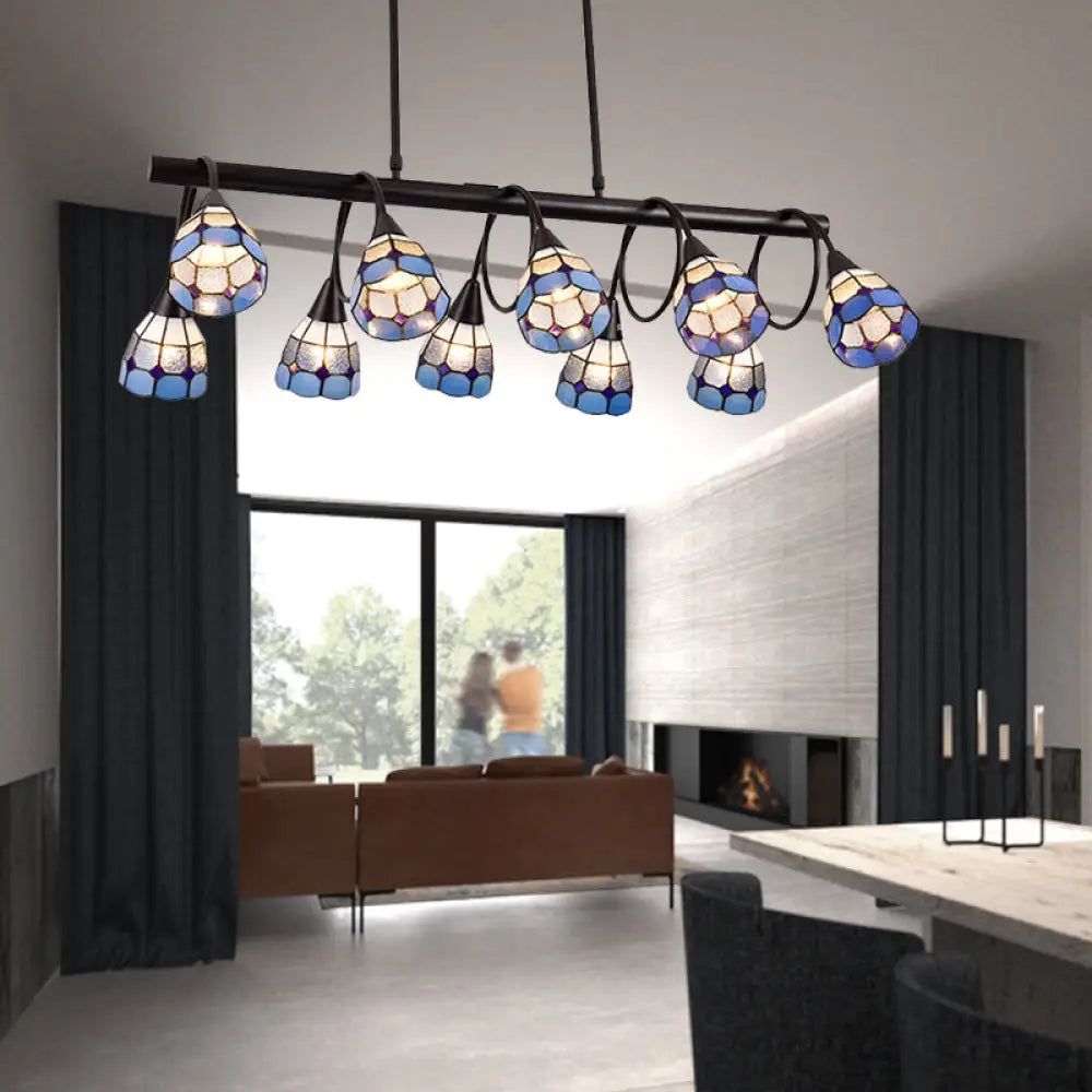 DecorBites™ Tiffany Style Kitchen Island Lighting: Dome Shade Hanging Lamp with Blue/Orange & Yellow Stainless Glass (6/10 Lights)
