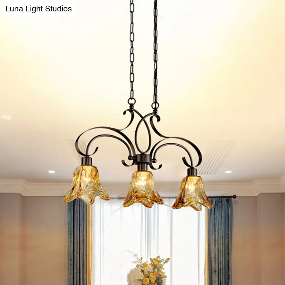 DecorBites™ Traditional Black Island Lamp with Amber Glass, Floral Design, and 3 Down Lighting Pendants for Dining Room