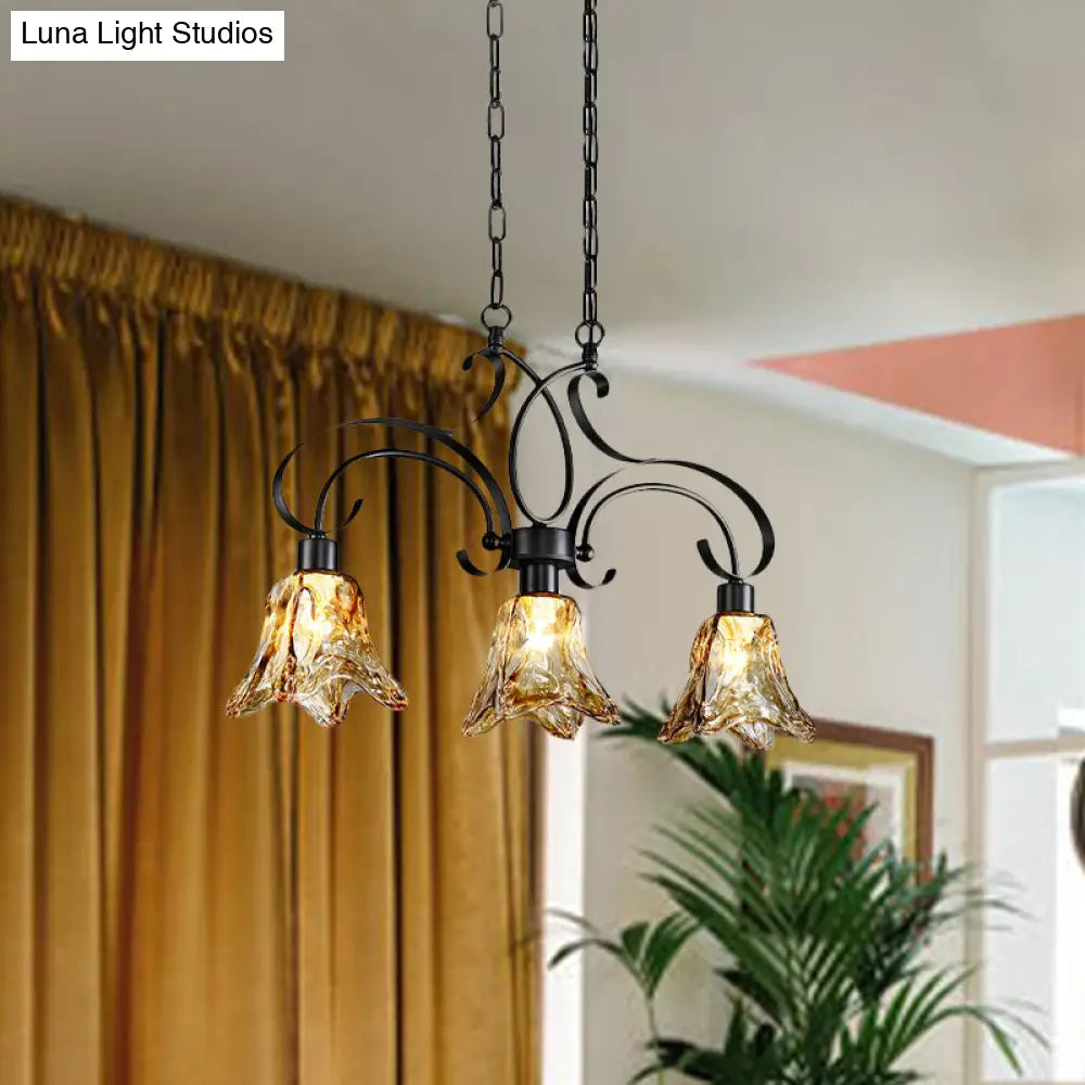 DecorBites™ Traditional Black Island Lamp with Amber Glass, Floral Design, and 3 Down Lighting Pendants for Dining Room