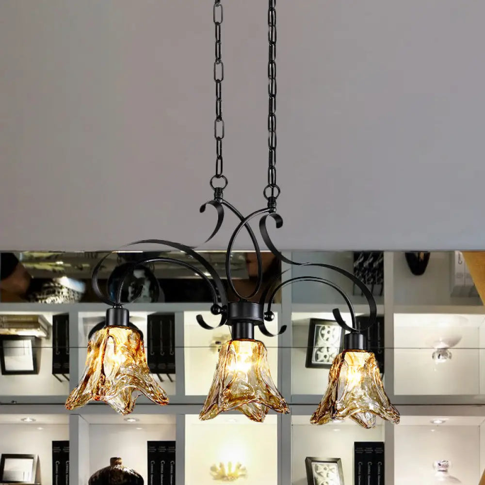 DecorBites™ Traditional Black Island Lamp with Amber Glass, Floral Design, and 3 Down Lighting Pendants for Dining Room