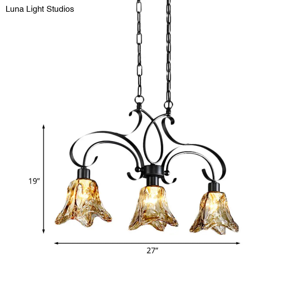 DecorBites™ Traditional Black Island Lamp with Amber Glass, Floral Design, and 3 Down Lighting Pendants for Dining Room