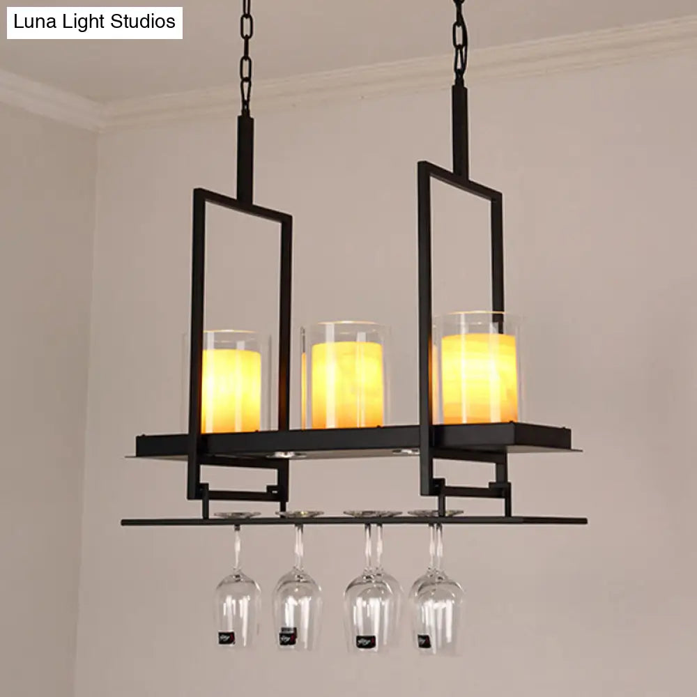DecorBites™ Traditional Black Marble Pendant Light with Metal Wine Glass Rack - 3/5 Heads Cylinder Island Fixture