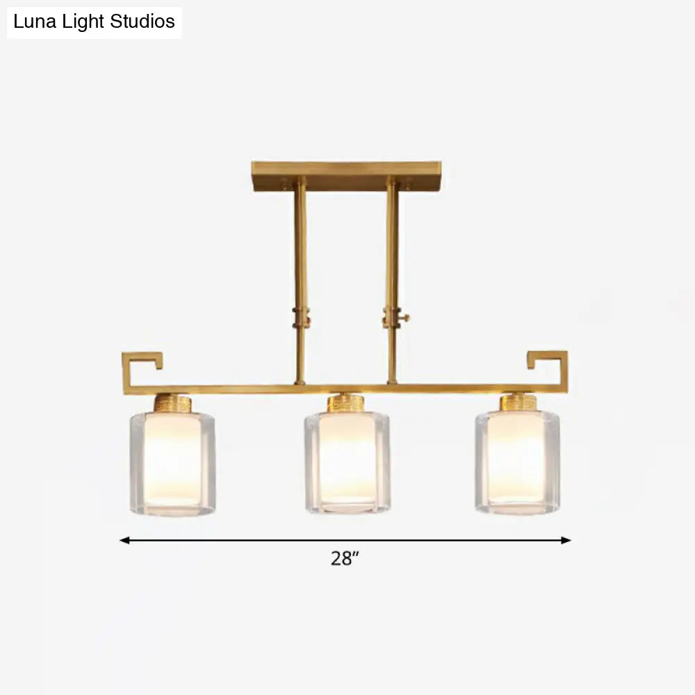 DecorBites™ Traditional Brass 3-Light Island Lamp with Clear and Frosted Glass Cylindrical Suspension