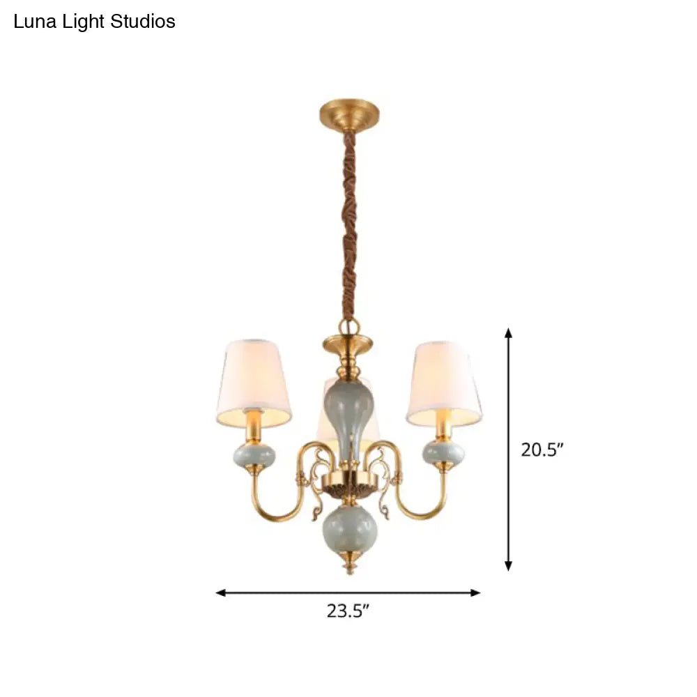 DecorBites™ Traditional Gold Chandelier with 3 Tapered Fabric Shades - Ideal for Dining Room Ceiling Light