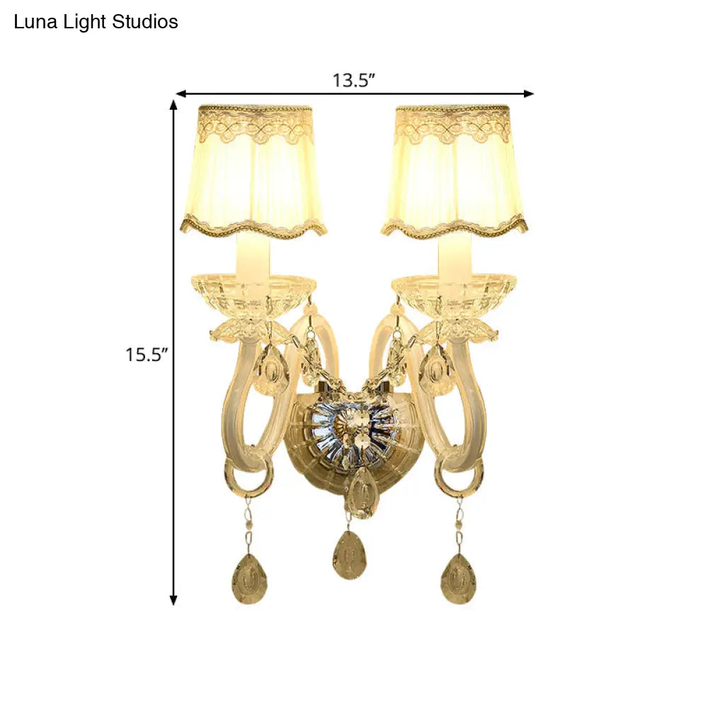DecorBites™ Traditional White Candle Wall Lamp with Clear Crystal Accent and Scalloped Fabric Shade
