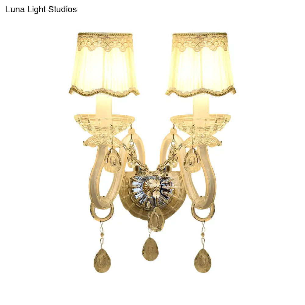 DecorBites™ Traditional White Candle Wall Lamp with Clear Crystal Accent and Scalloped Fabric Shade