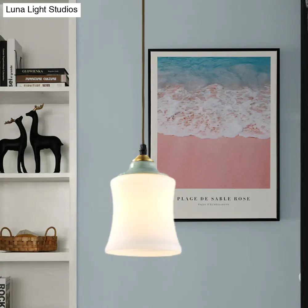 DecorBites™ Traditional White Glass Pendant Lamp with Ceramic Top for Restaurants - Tulip/Bell Style