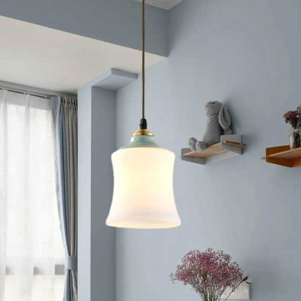 DecorBites™ Traditional White Glass Pendant Lamp with Ceramic Top for Restaurants - Tulip/Bell Style