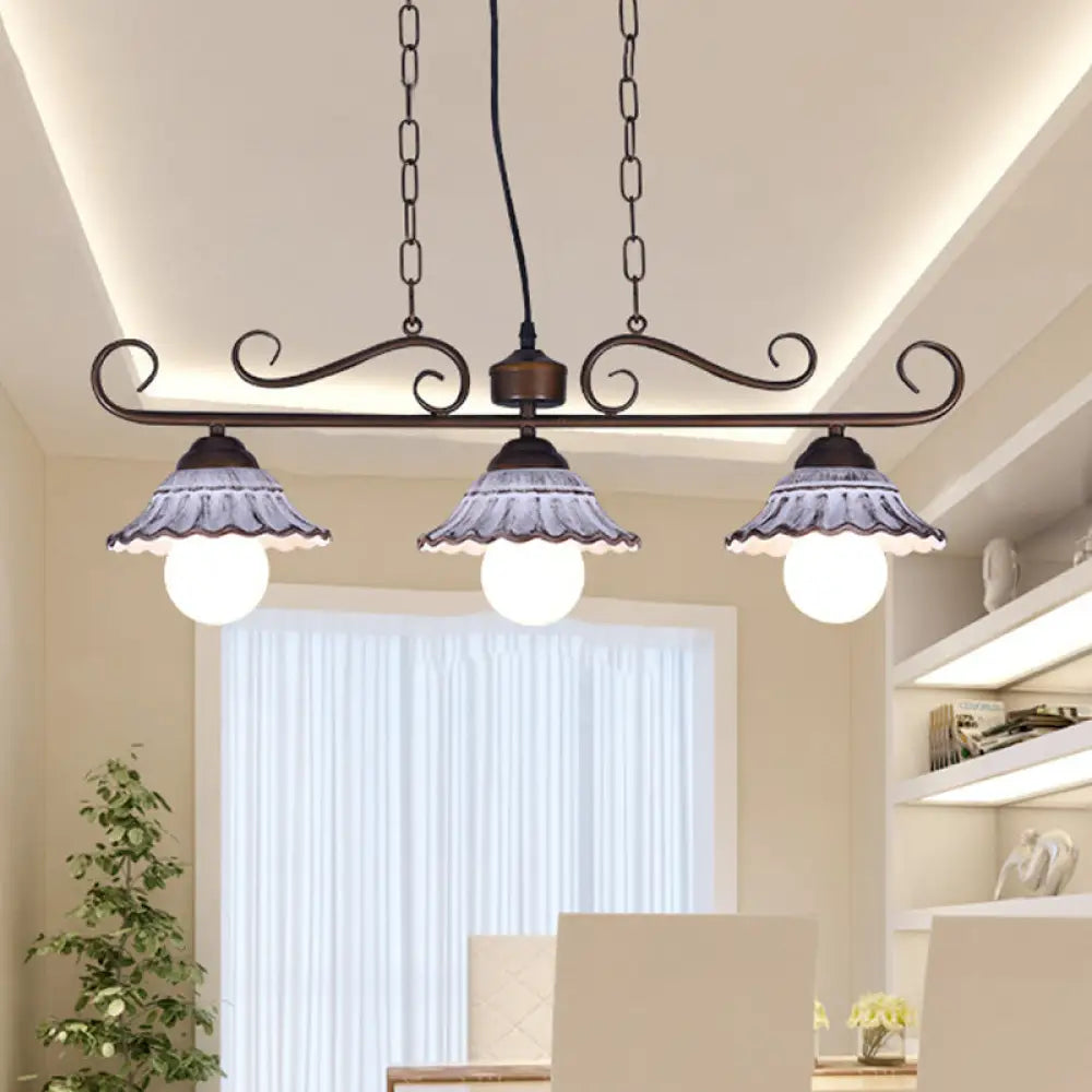 DecorBites™ Twisting Island Pendant Lamp: 3-Light Coffee Metal Hanging Light with Scalloped Bell Ceramics Shade - Korean Style