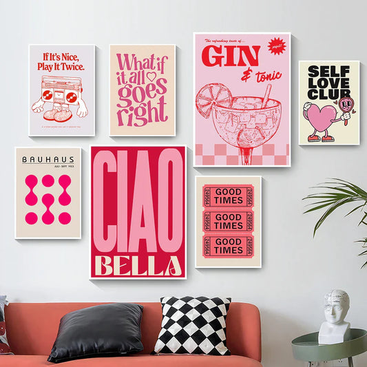 DecorBites™ Vintage Pink Cartoon Print Canvas Wall Art
