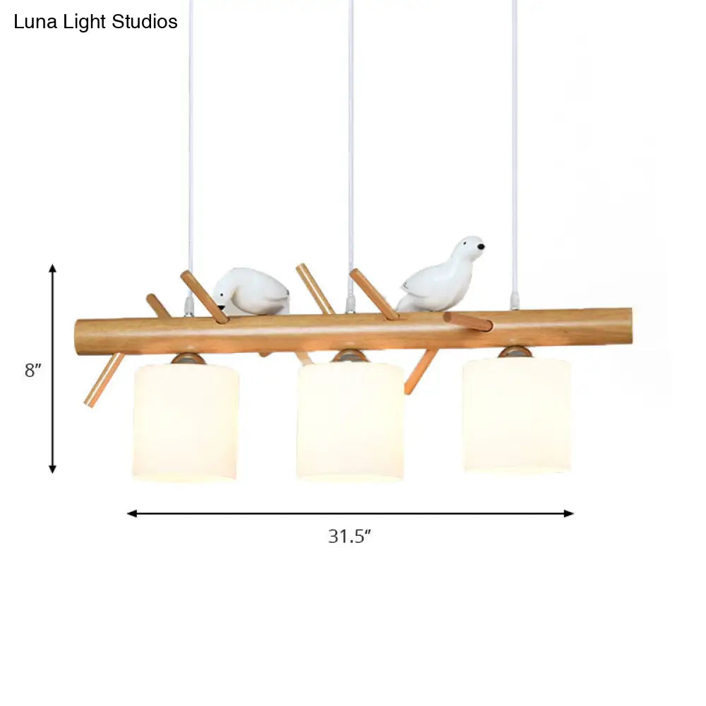DecorBites™ Wooden Hanging Chandelier with 2/3 Lights, Glass Cylinder Shade and Bird Décor - Ideal for Dining Room or Island Lighting