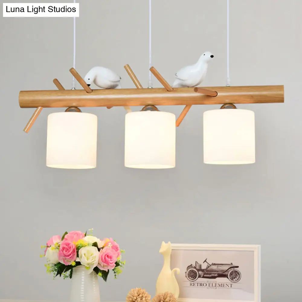 DecorBites™ Wooden Hanging Chandelier with 2/3 Lights, Glass Cylinder Shade and Bird Décor - Ideal for Dining Room or Island Lighting