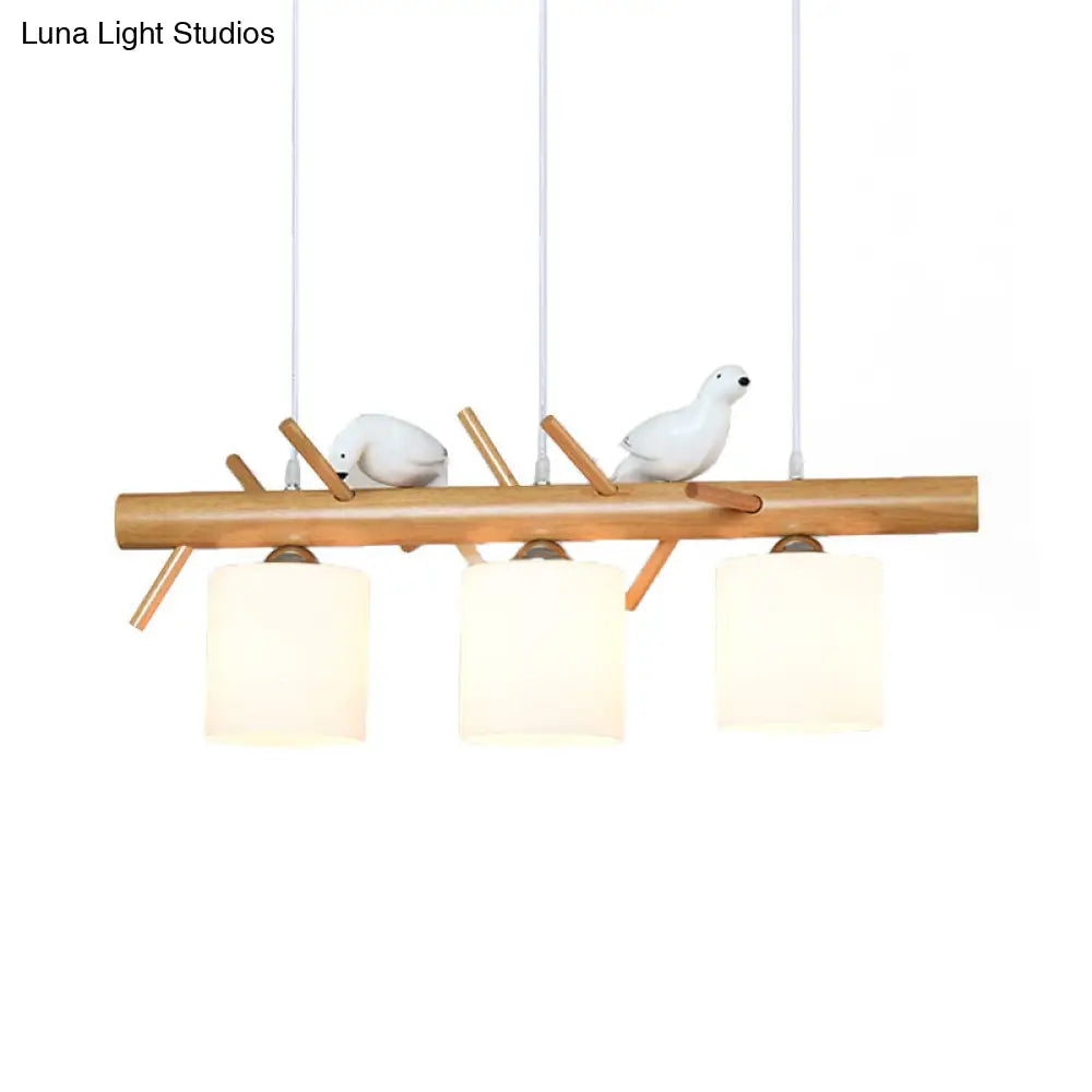 DecorBites™ Wooden Hanging Chandelier with 2/3 Lights, Glass Cylinder Shade and Bird Décor - Ideal for Dining Room or Island Lighting