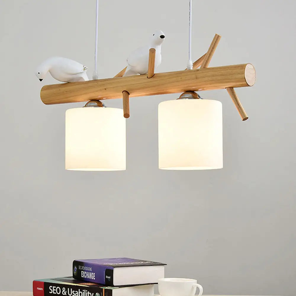 DecorBites™ Wooden Hanging Chandelier with 2/3 Lights, Glass Cylinder Shade and Bird Décor - Ideal for Dining Room or Island Lighting