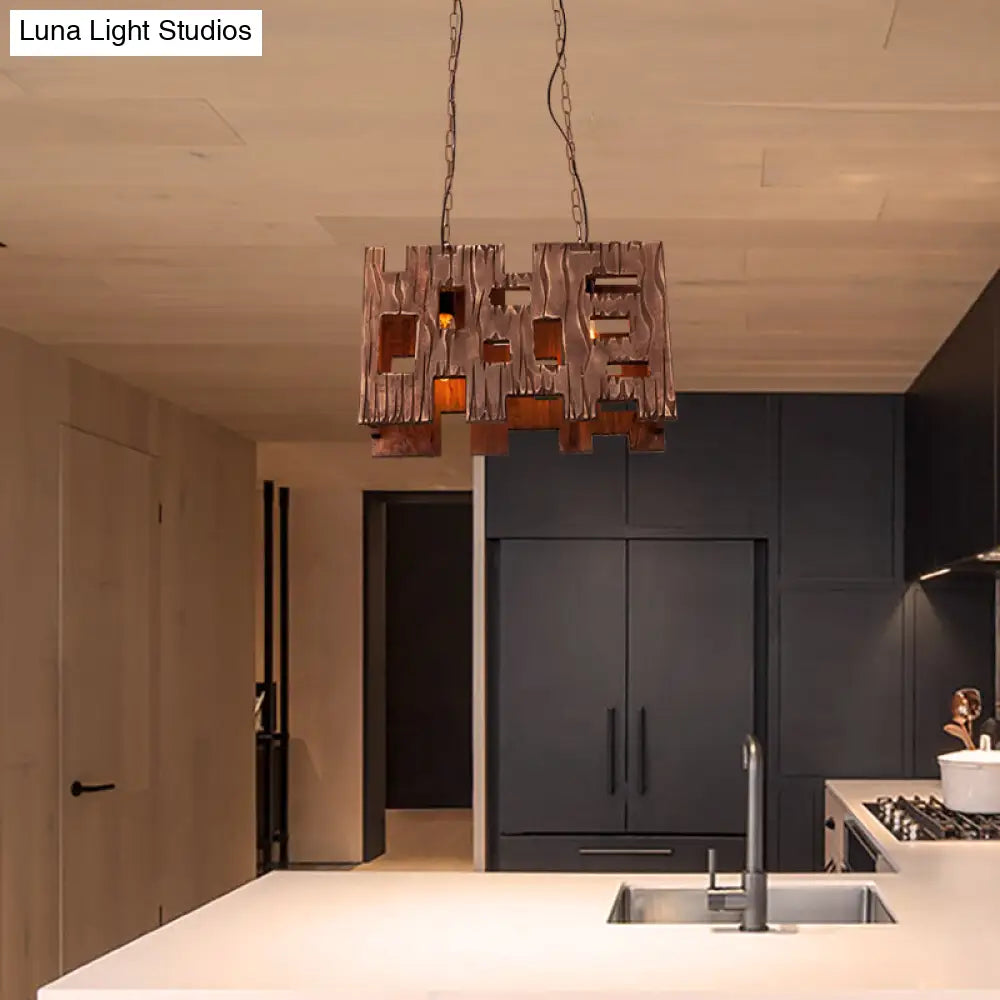 DecorBites™ Wooden Rectangle Restaurant Island Chandelier Pendant with Hollow Out Design - Brown, 2/3 Bulbs, Countryside Style