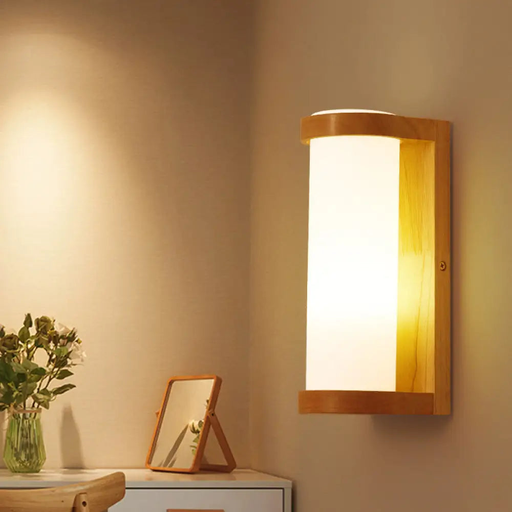DecorBites™ Wooden Rectangle Sconce Lamp with Opal Glass Shade - Simple Corner Wall Mount Lighting