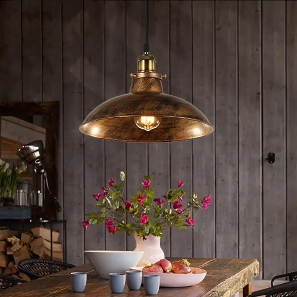 DecorBites™ Wrought Iron Dome Industrial Ceiling Fixture Pendant Lighting - 12"/14" Diameter, 1 Light - Weathered Brass/Black