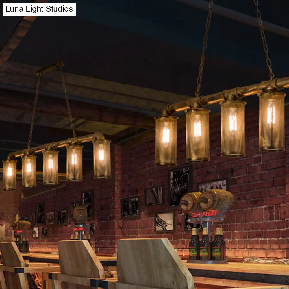 DecorBites™ Wrought Iron Pipe Pendant Lighting with 5 Heads - Warehouse Brass Ceiling Light for Restaurant, Kitchen Island - Cylinder Mesh Shade