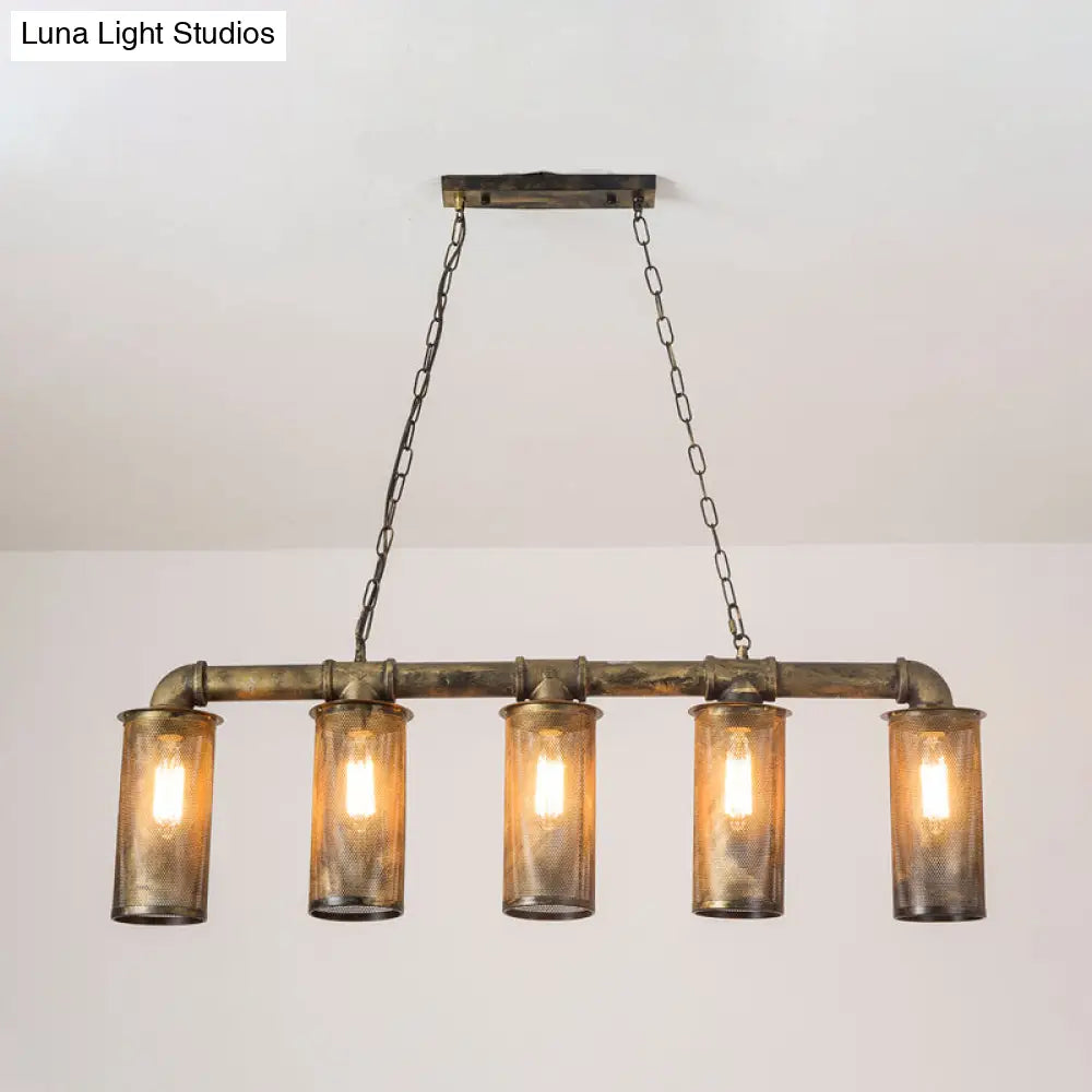 DecorBites™ Wrought Iron Pipe Pendant Lighting with 5 Heads - Warehouse Brass Ceiling Light for Restaurant, Kitchen Island - Cylinder Mesh Shade