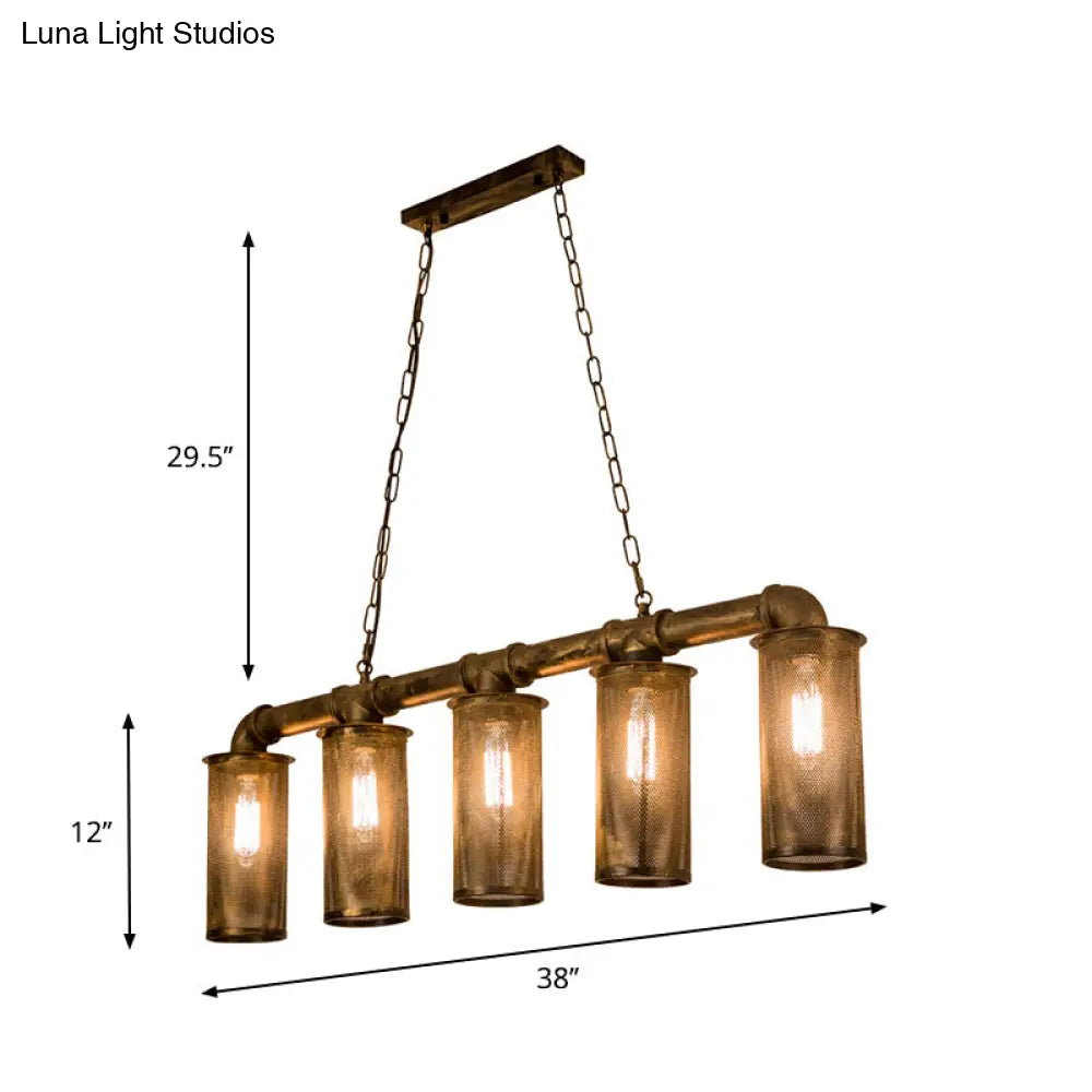 DecorBites™ Wrought Iron Pipe Pendant Lighting with 5 Heads - Warehouse Brass Ceiling Light for Restaurant, Kitchen Island - Cylinder Mesh Shade