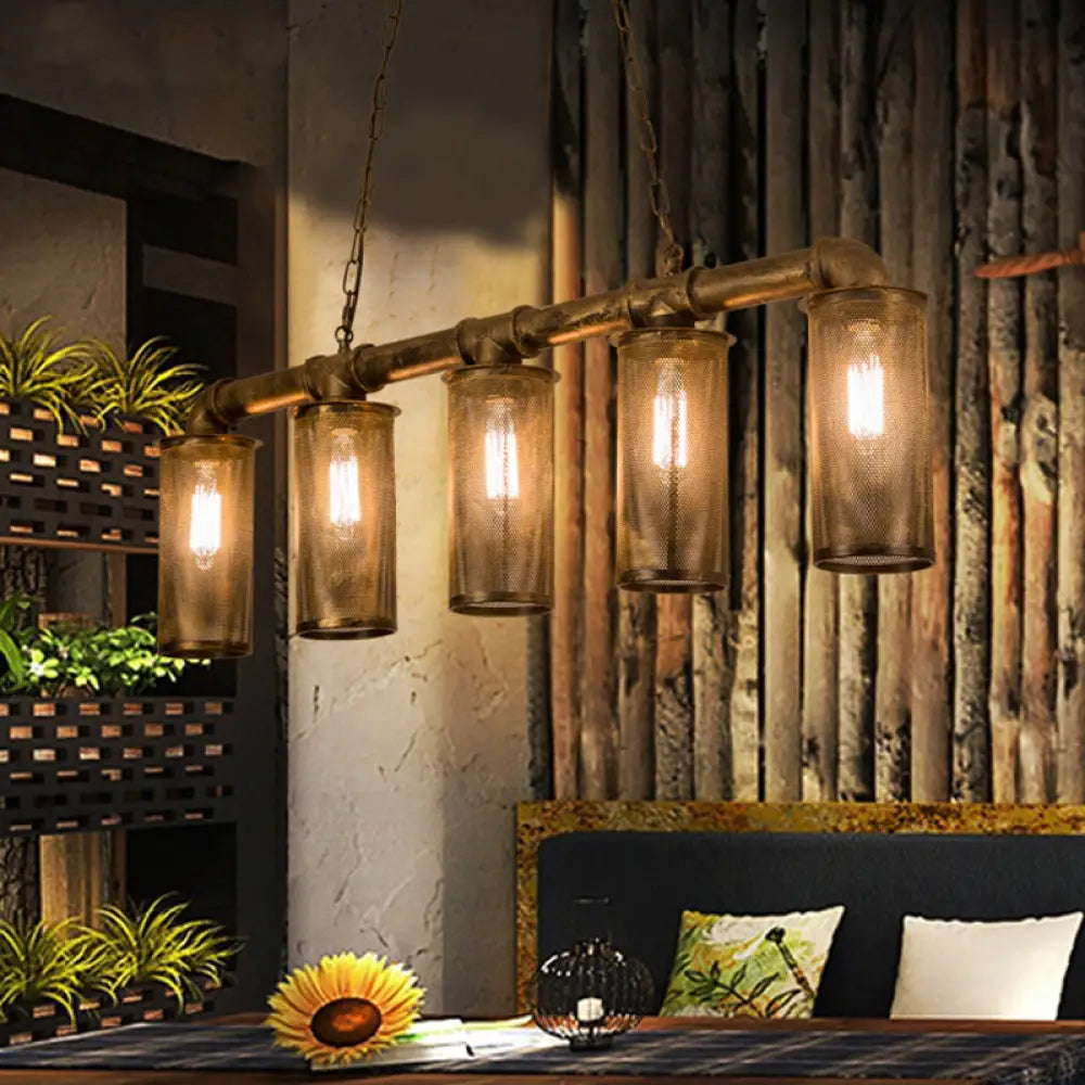 DecorBites™ Wrought Iron Pipe Pendant Lighting with 5 Heads - Warehouse Brass Ceiling Light for Restaurant, Kitchen Island - Cylinder Mesh Shade