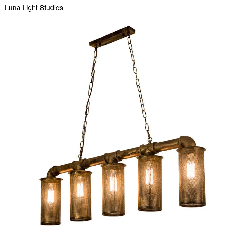 DecorBites™ Wrought Iron Pipe Pendant Lighting with 5 Heads - Warehouse Brass Ceiling Light for Restaurant, Kitchen Island - Cylinder Mesh Shade