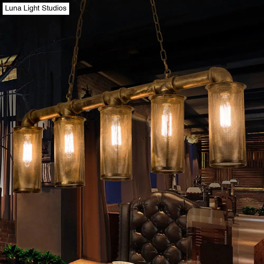 DecorBites™ Wrought Iron Pipe Pendant Lighting with 5 Heads - Warehouse Brass Ceiling Light for Restaurant, Kitchen Island - Cylinder Mesh Shade